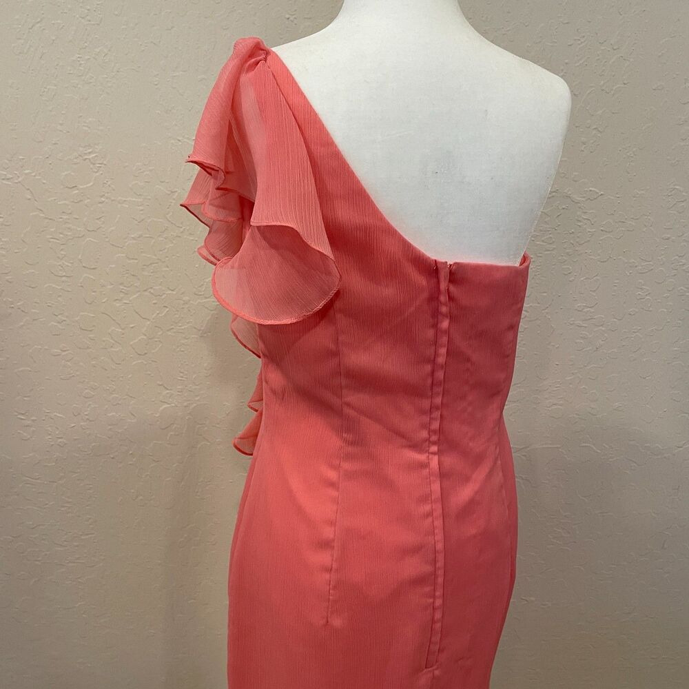 ~ Angelina Faccenda 10 peach 1-shoulder ruffle cocktail dress light flowy sheath - Picture 3 of 14
